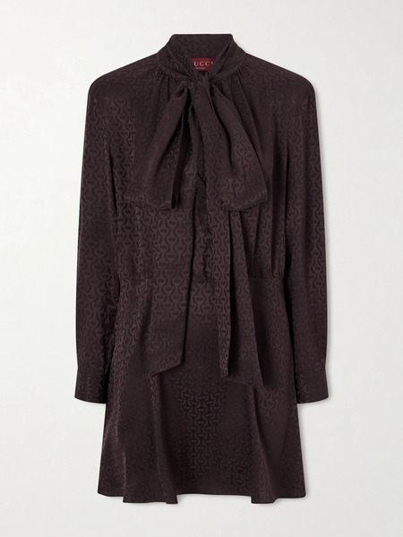  Gucci Gucci - Pussy-bow Silk-jacquard Mini Dress - Brown 