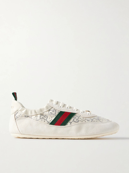 Gucci Gucci - Shift Webbing And Leather-trimmed Embellished Mesh And Suede Sneakers - Off-white 