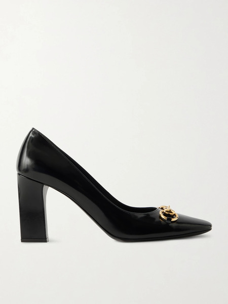  Gucci Gucci - Signora Horsebit-embellished Glossed Leather Pumps - Black 