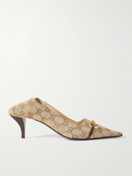  Gucci Gucci - Vittoria Collapsible-heel Horsebit-embellished Leather-trimmed Canvas-jacquard Pumps - Beige 