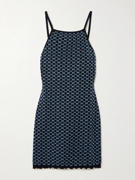  Guest In Residence Guest In Residence - Ruffled Checked Knitted Cotton And Silk-blend Mini Dress - Blue 