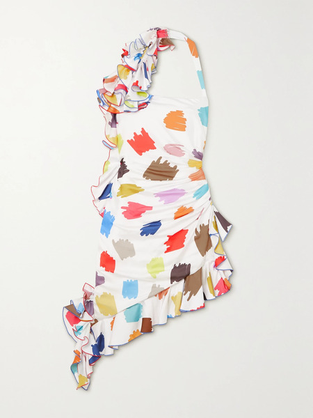  Halpern Halpern - Asymmetric Ruffled Printed Crepe De Chine Mini Dress - White 