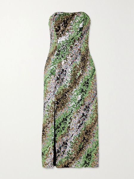  Halpern Halpern - Strapless Striped Sequined Tulle Midi Dress - Green 