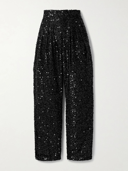  Isabel Marant Isabel Marant - Aras Pleated Sequined Metallic Tulle Tapered Pants - Black 