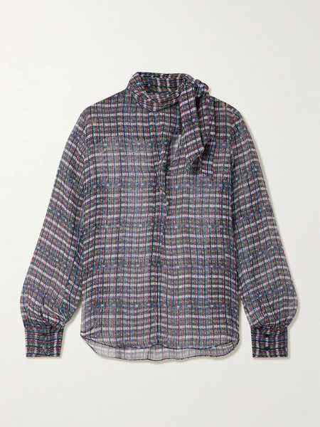  Isabel Marant Isabel Marant - Geona Tie-neck Checked Silk-crepon Blouse - Blue 