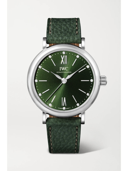  Iwc Schaffhausen Iwc Schaffhausen - Portofino Automatic 34mm Stainless Steel, Textured-leather And Diamond Watch - Silver 