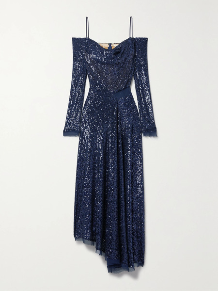  Jason Wu Collection Jason Wu Collection - Asymmetric Cold-shoulder Sequined Chiffon Maxi Dress - Navy 
