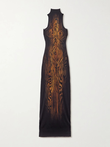  Jean Paul Gaultier Jean Paul Gaultier - Layered Draped Printed Stretch-tulle Turtleneck Maxi Dress - Brown 