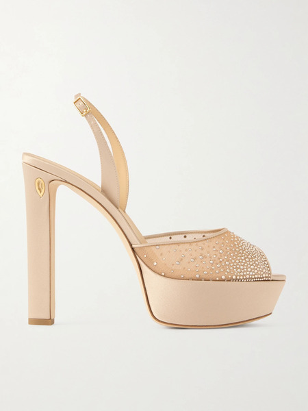  Jennifer Chamandi Jennifer Chamandi - Antonio 130 Satin-trimmed Crystal-embellished Mesh Platform Sandals - Stone 
