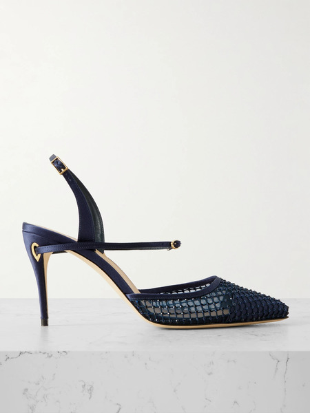  Jennifer Chamandi Jennifer Chamandi - Vittorio 85 Crystal-embellished Mesh And Satin Slingback Pumps - Navy 