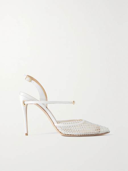  Jennifer Chamandi Jennifer Chamandi - Vittorio 105 Crystal-embellished Mesh And Satin Slingback Pumps - White 