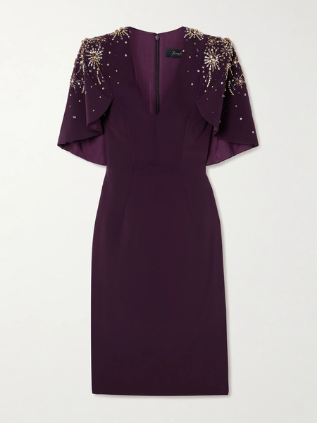  Jenny Packham Jenny Packham - Cape-effect Embellished Stretch-cady Midi Dress - Purple 