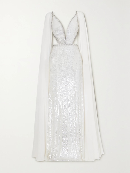  Jenny Packham Jenny Packham - Cape-effect Embellished Tulle And Chiffon Gown - White 
