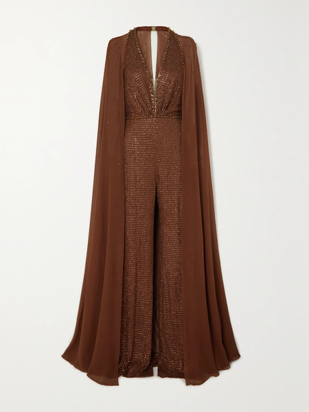  Jenny Packham Jenny Packham - Cape-effect Embellished Tulle Jumpsuit - Gold 