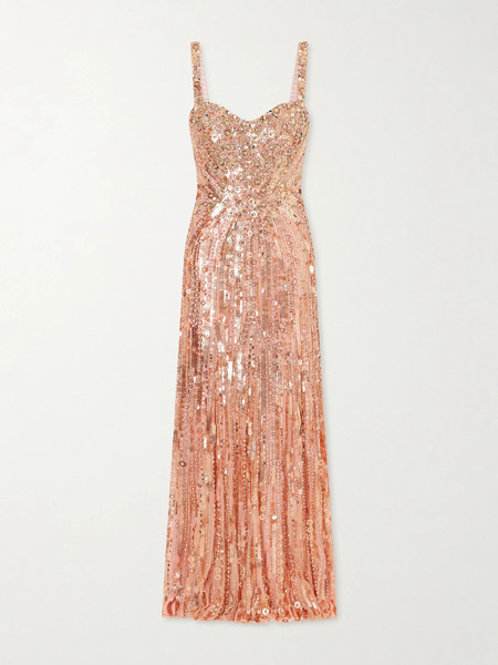  Jenny Packham Jenny Packham - Da Vinci Crystal-embellished Sequined Tulle Gown - Peach 