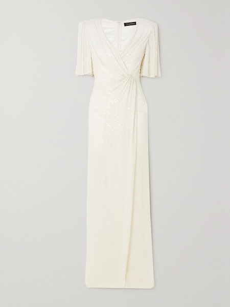  Jenny Packham Jenny Packham - Draped Wrap-effect Embellished Chiffon Gown - White 