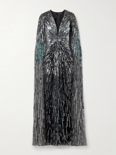  Jenny Packham Jenny Packham - Gold Rush Cape-effect Embellished Tulle Gown - Black 