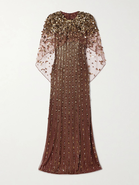  Jenny Packham Jenny Packham - Nettie Cape-effect Embellished Sequined Tulle Gown - Bronze 