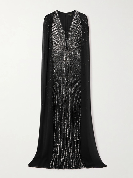  Jenny Packham Jenny Packham - Zenith Cape-effect Embellished Chiffon Gown - Black 