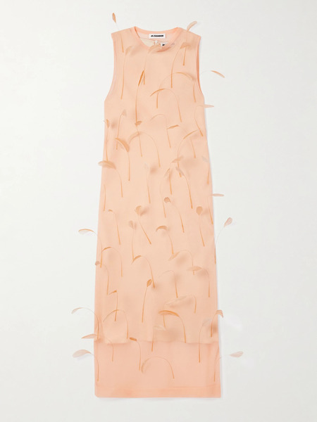  Jil Sander Jil Sander - Feather-embellished Layered Knitted-silk Midi Dress - Blush 