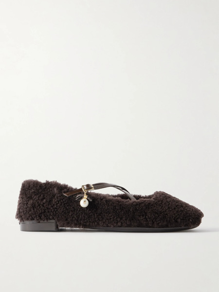  Jimmy Choo Jimmy Choo - Eleri Embellished Patent Leather-trimmed Shearling Ballet Flats - Chocolate 