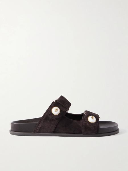  Jimmy Choo Jimmy Choo - Fayence Faux Pearl-embellished Suede Slides - Chocolate 