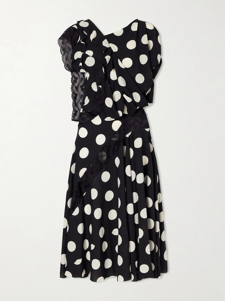  Junya Watanabe Junya Watanabe - Lace-trimmed Polka-dot Georgette Midi Dress - Black 