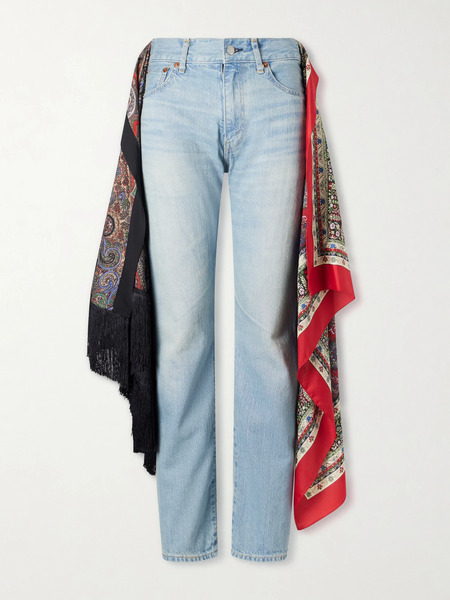  Junya Watanabe Junya Watanabe - Scarf-detailed Fringed Mid-rise Straight-leg Jeans - Blue 