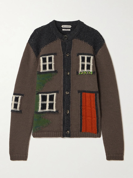  Jw Anderson Jw Anderson - House Embroidered Intarsia-knit Merino Wool Cardigan - Brown 