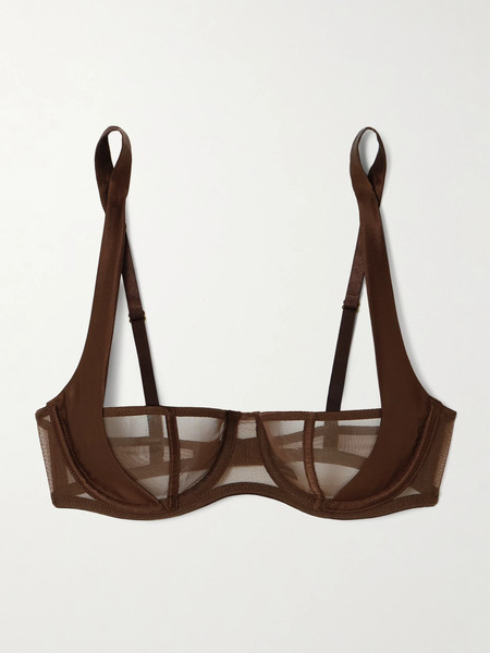  Kiki De Montparnasse Kiki De Montparnasse - Illusion Silk-blend Satin-trimmed Tulle Underwired Balconette Bra - Chocolate 