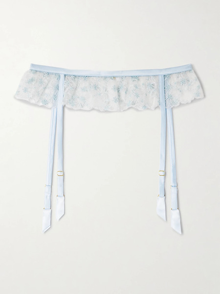  Kiki De Montparnasse Kiki De Montparnasse - Mathilde Silk-blend Satin-trimmed Embroidered Tulle Suspender Belt - Ivory 