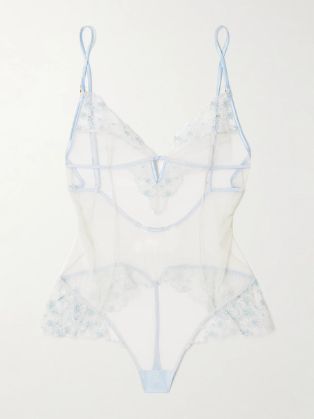  Kiki De Montparnasse Kiki De Montparnasse - Mathilde Silk-blend Satin-trimmed Embroidered Tulle Thong Bodysuit - Ivory 