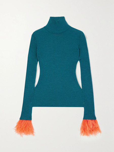  La Doublej La Doublej - Feather-trimmed Ribbed Cashmere And Silk-blend Turtleneck Sweater - Blue 