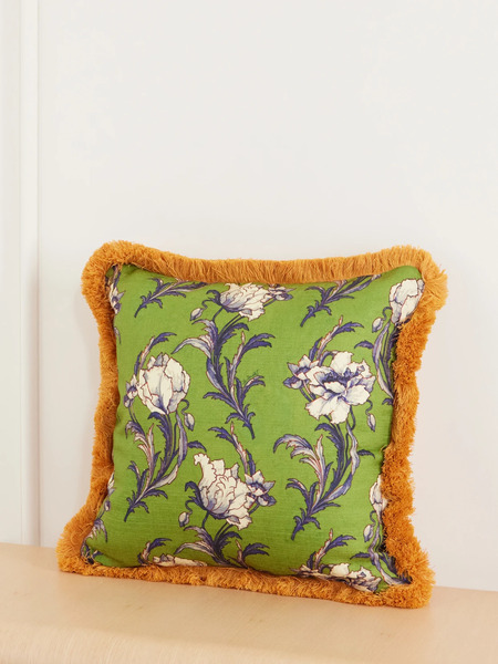  La Doublej La Doublej - Floral-printed Fringed-trimmed Cushion - Green 