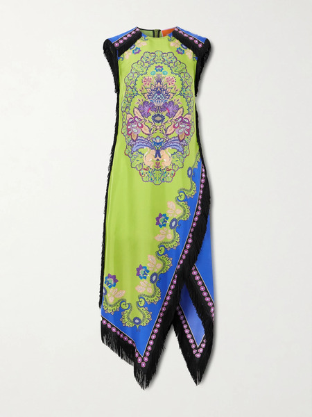  La Doublej La Doublej - Fringed Asymmetric Printed Silk Midi Dress - Green 