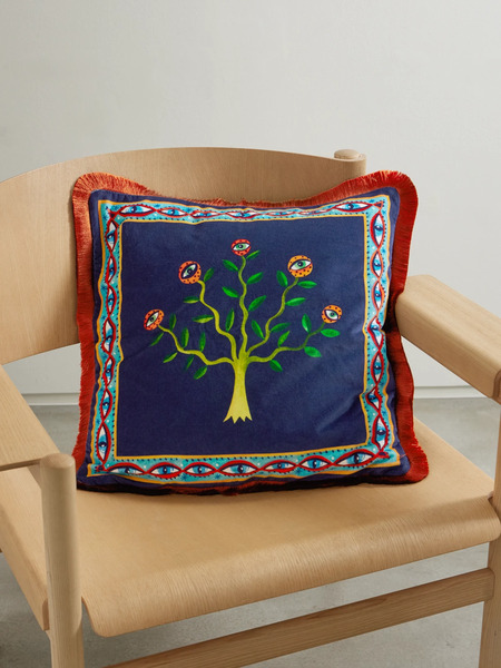 La Doublej La Doublej - Fringed Printed Cotton-blend Velvet Cushion - Blue 