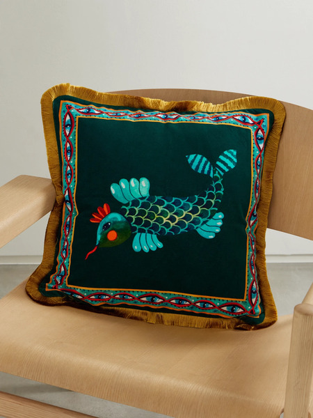  La Doublej La Doublej - Fringed Printed Cotton-blend Velvet Cushion - Green 
