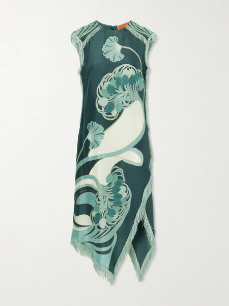  La Doublej La Doublej - Fringed Printed Silk-satin Midi Dress - Blue 