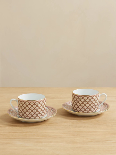  La Doublej La Doublej - Impero Set Of Two Gold-plated Porcelain Teacups And Saucers - Pink 