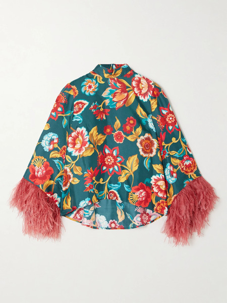  La Doublej La Doublej - Make An Exit Feather-trimmed Floral-print Silk-twill Top - Multi 
