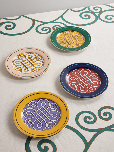  La Doublej La Doublej - Set Of Four Printed Porcelain Dessert Plates - Gold 
