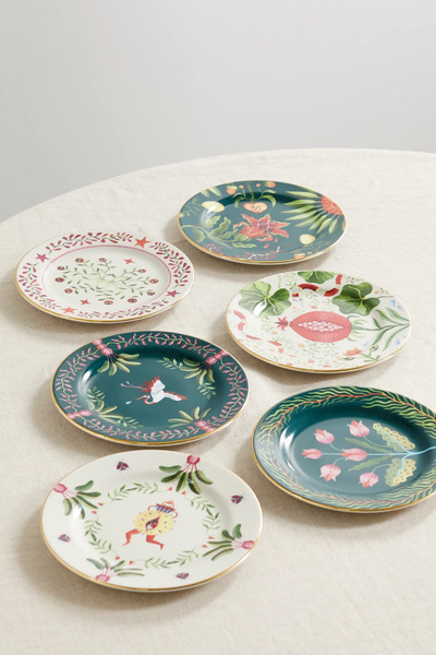  La Doublej La Doublej - Set Of Six Gold-plated Porcelain Dessert Plates - Multi 