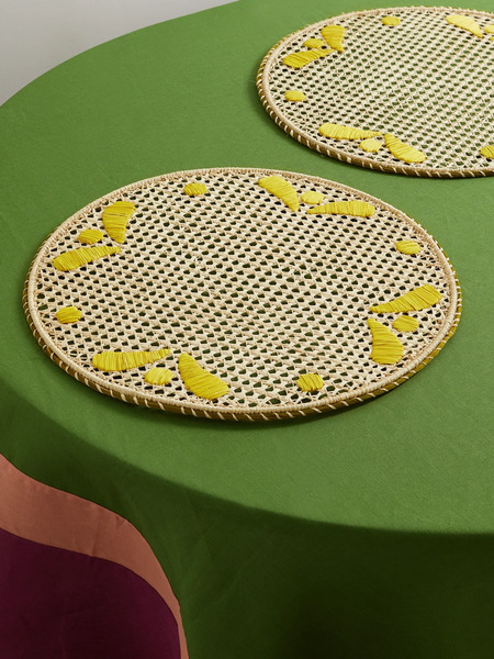  La Doublej La Doublej - Set Of Two Embroidered Raffia Placemats - Yellow 
