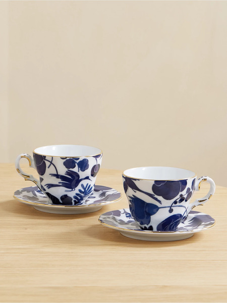  La Doublej La Doublej - Set Of Two Gold-plated Porcelain Teacups And Saucers - Blue 