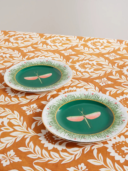  La Doublej La Doublej - Set Of Two Gold-plated Printed Porcelain Dinner Plates - Green 