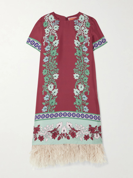  La Doublej La Doublej - Swing Feather-trimmed Printed Silk-twill Mini Dress - Multi 