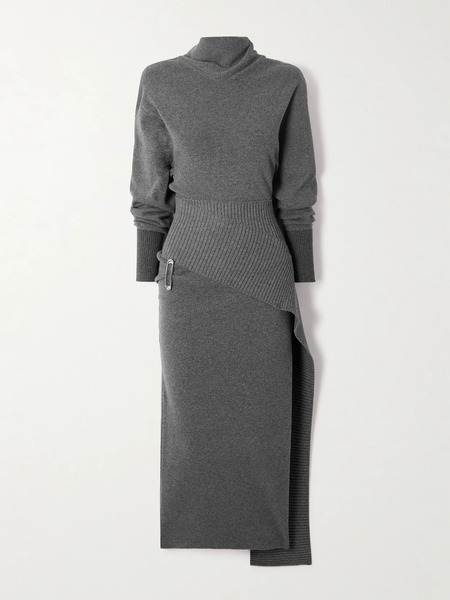  Lanvin Lanvin - Embellished Draped Wool-blend Turtleneck Midi Dress - Gray 
