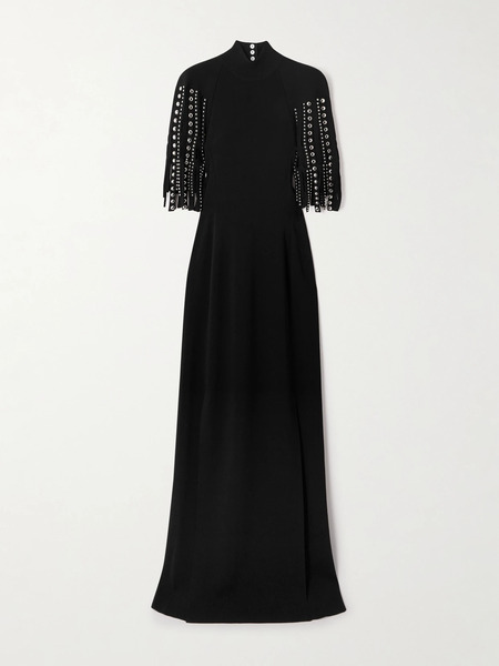  Lanvin Lanvin - Fringed Cape-effect Studded Knitted Turtleneck Gown - Black 