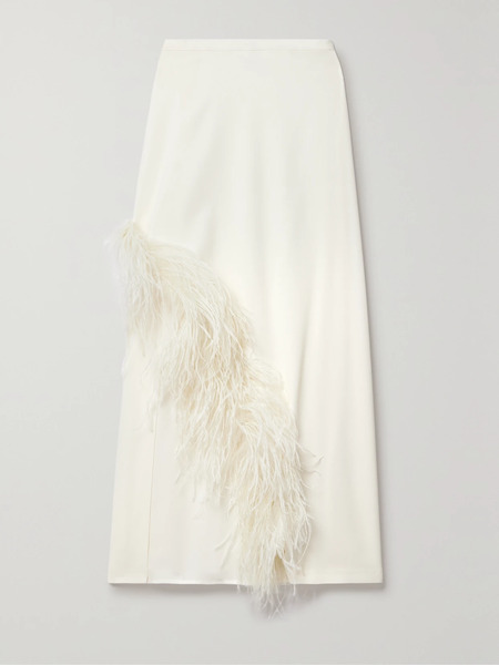  Lapointe Lapointe - Asymmetric Feather-trimmed Crepe Midi Skirt - Cream 