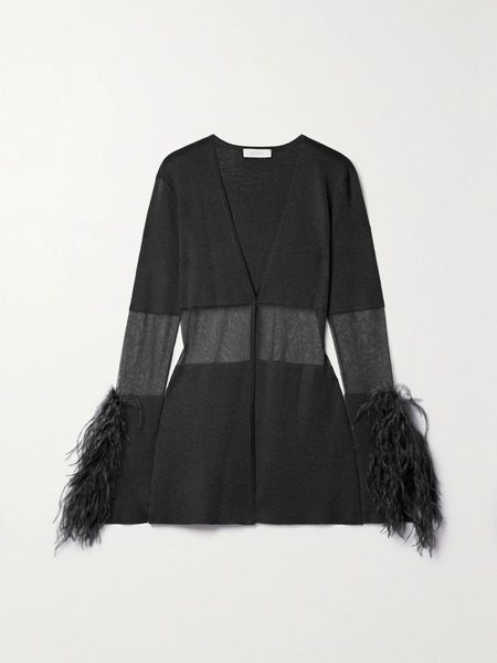  Lapointe Lapointe - Feather-trimmed Mesh-paneled Metallic Knitted Cardigan - Charcoal 